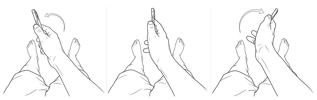Three drawings of a hand holding a phone at the ball: rolled inwards, square, and rolled outwards.