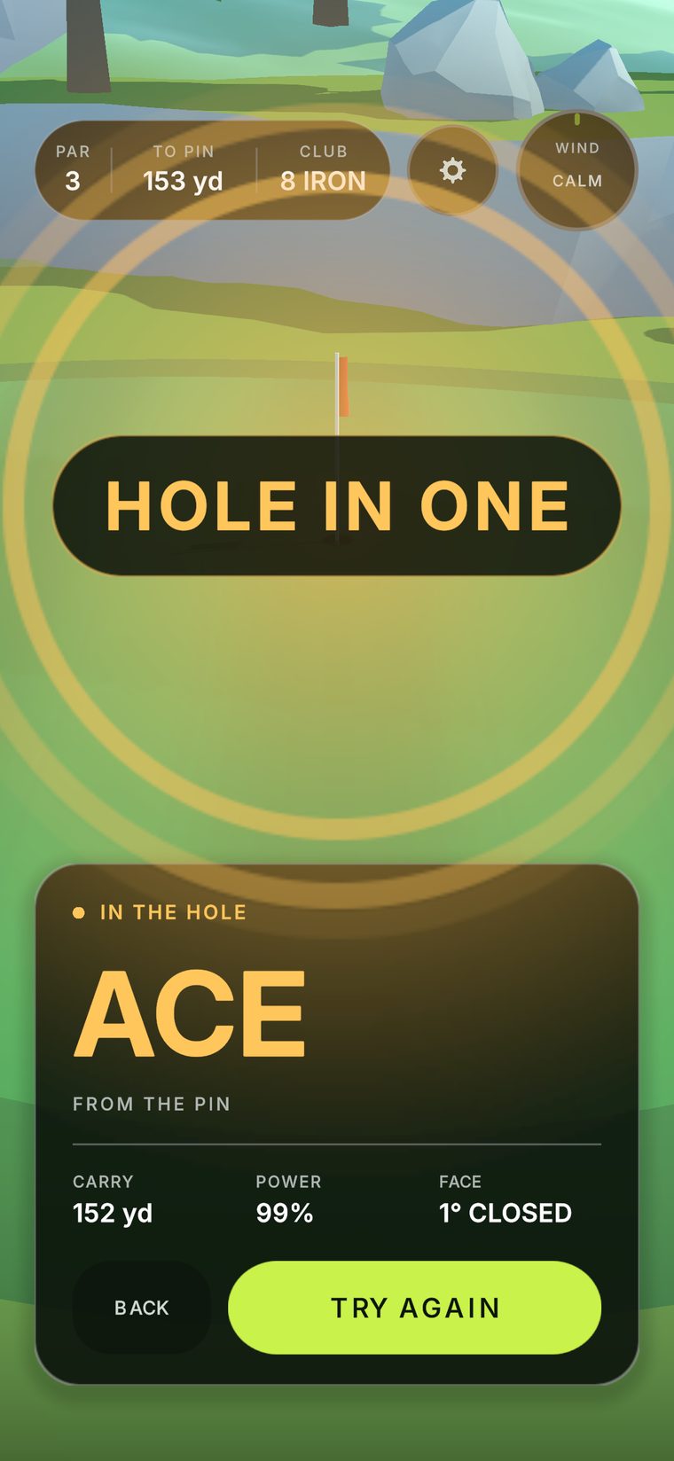 A gold HOLE IN ONE banner over an expanding ring, and a result card reading ACE.
