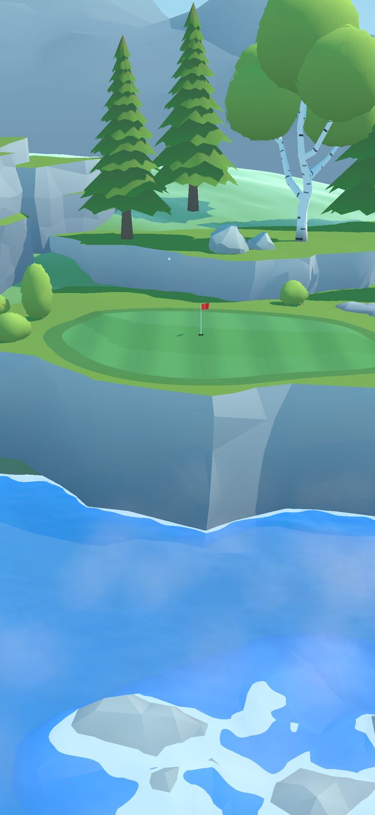 The ball in the air above the water, with the green ahead and nothing on screen.