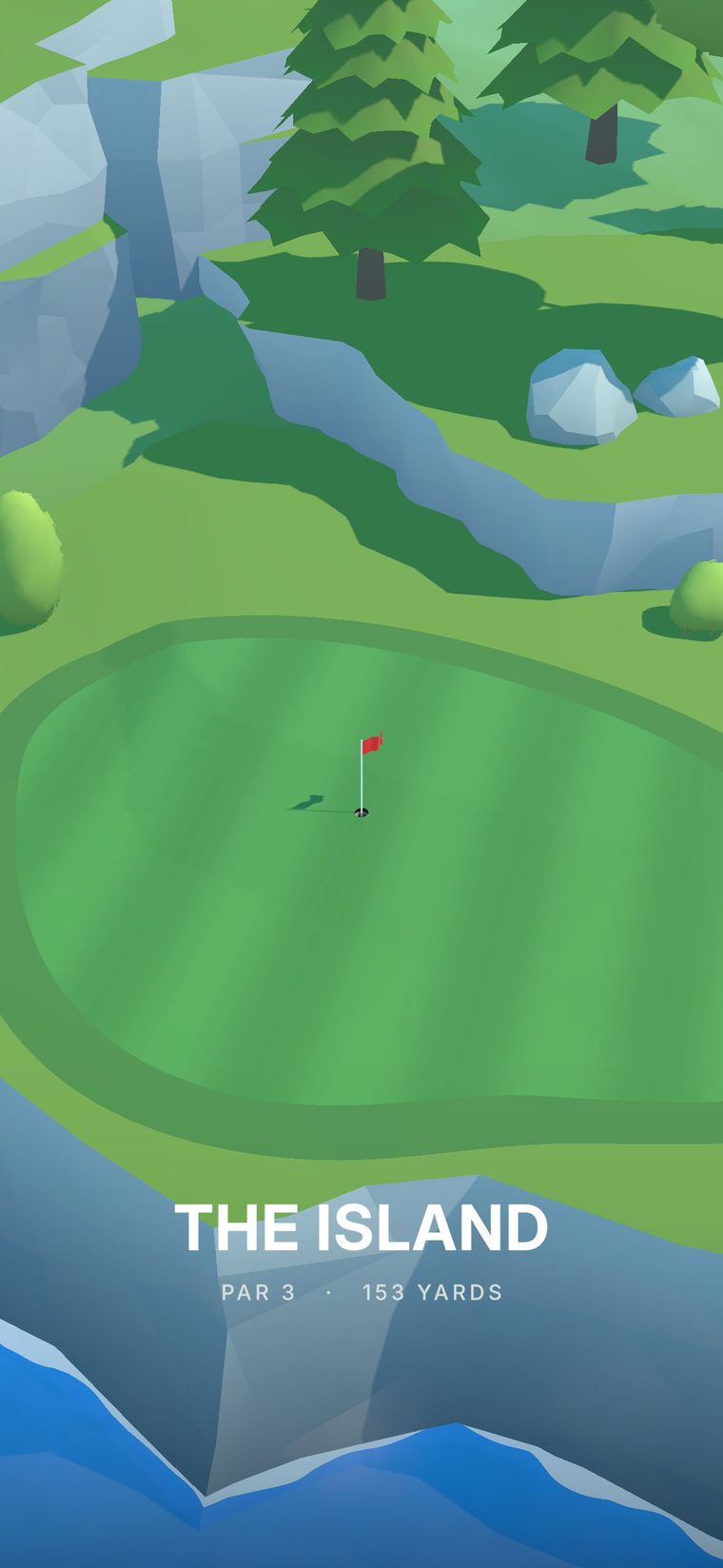 The cliff-top green from above during the flyover, titled THE ISLAND, par 3, 153 yards.