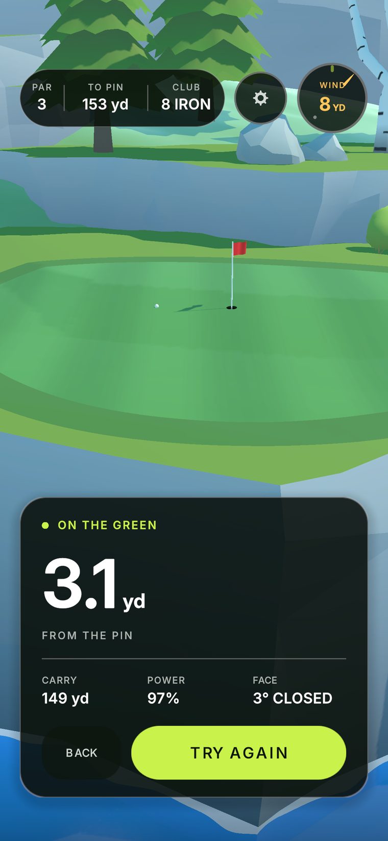 Result card reading ON THE GREEN, 3.1 yards from the pin, with carry, power and face.