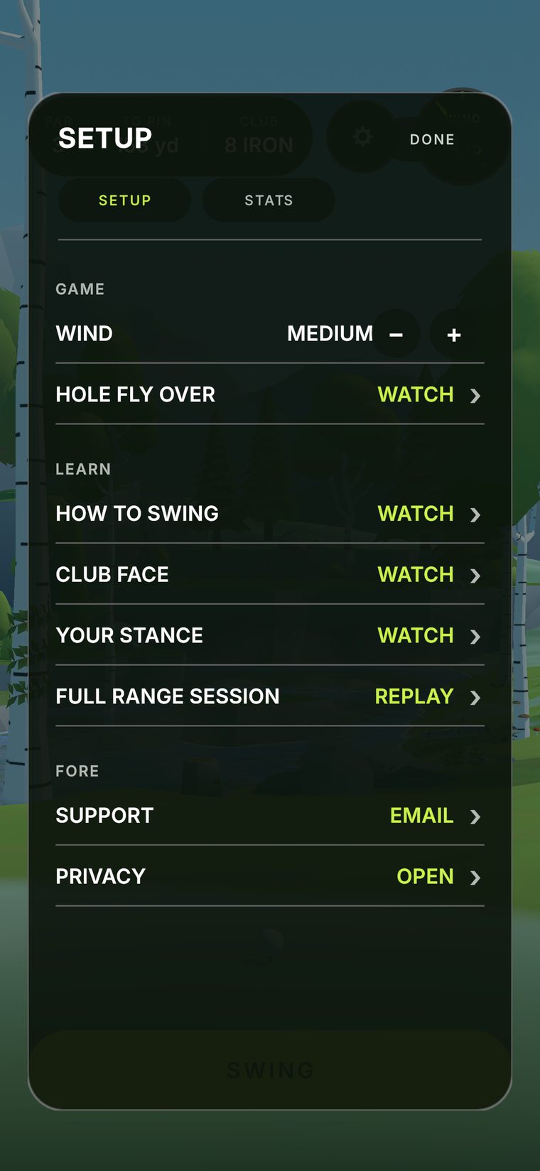 The setup sheet: wind, hole flyover, how to swing, club face, your stance and the full range session.